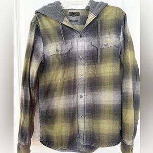 Vince Men's Plaid Shirt Jacket Hoodie- Olive and Charcoal